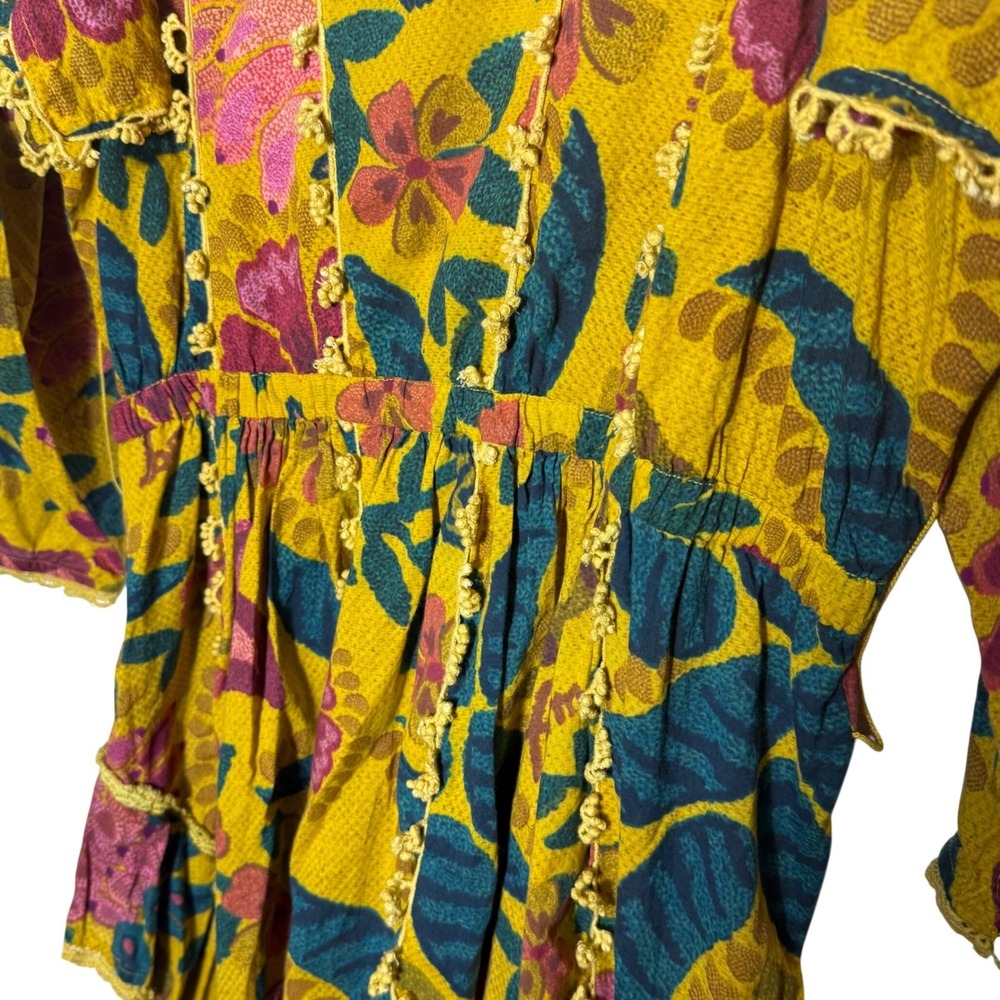 FARM Rio Yellow Tropical Tapestry Ruffled Mini Dress - Floral Long Sleeve Large - Picture 7 of 13